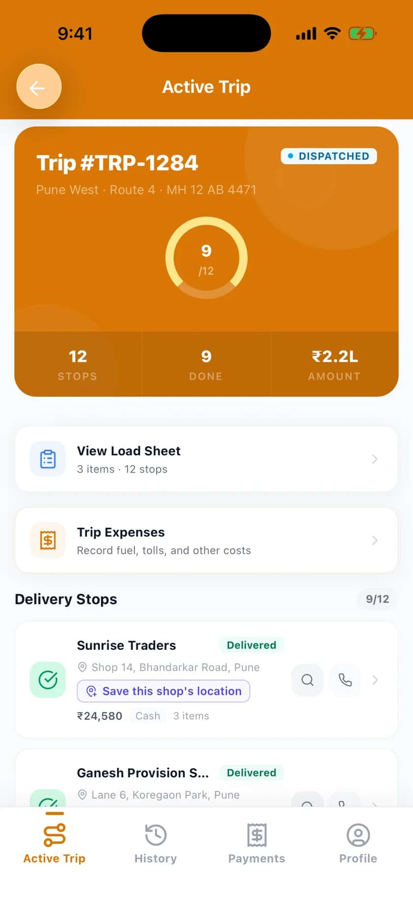 The DistributeIQ driver app mid-route: trip TRP-1284 on Pune West Route 4, nine of twelve stops delivered, ₹2.2 lakh collected, with the remaining shops listed below.